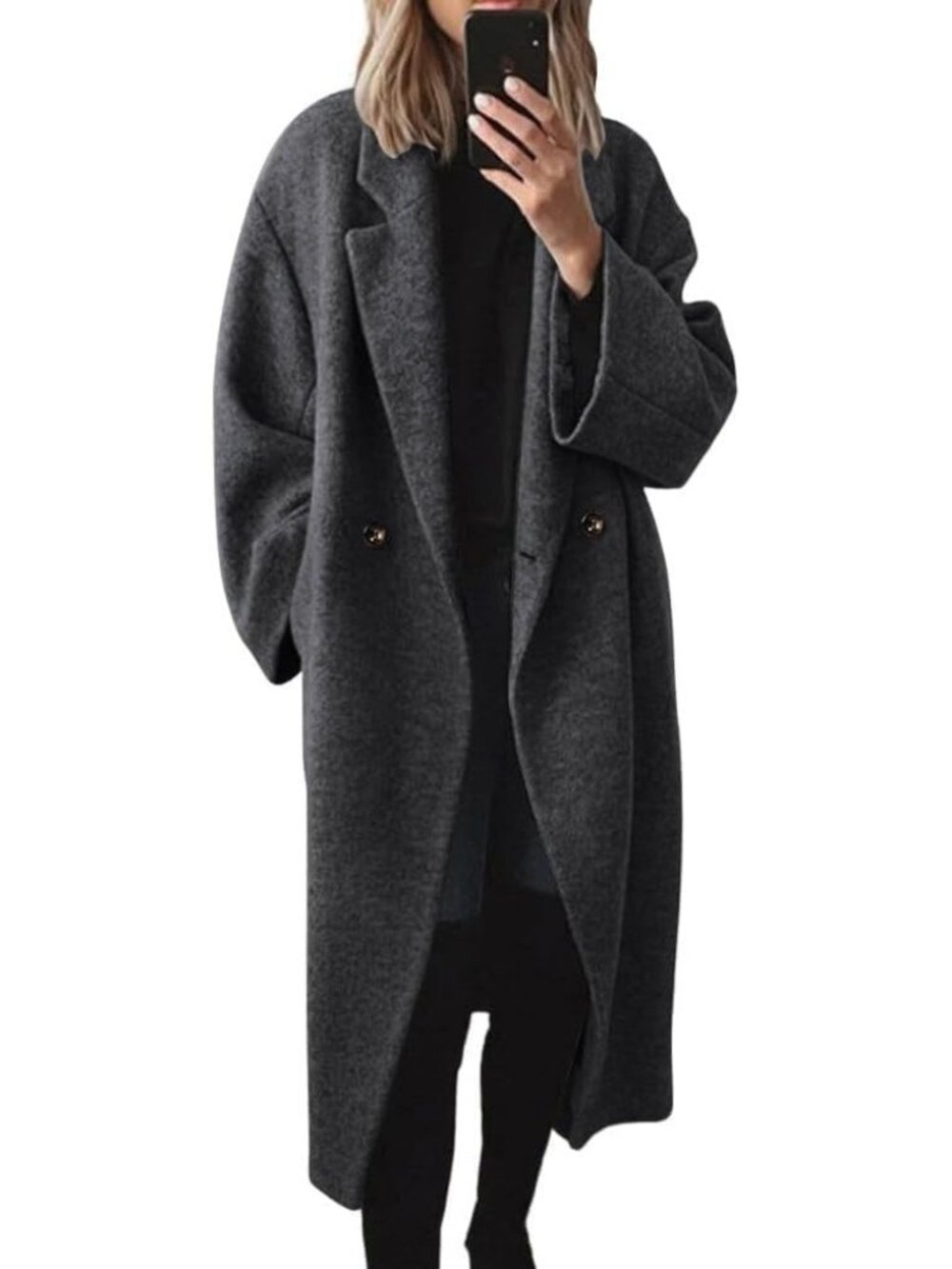 Women's Dark Grey Wool Long Double Breasted Oversized Notch Lapel Trench Coat